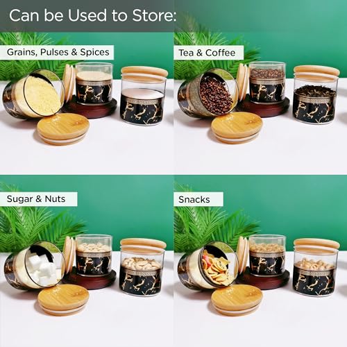 UMAI Pack of 7 Kitchen Organizer Borosilicate Jars with Bamboo Lid & Tray | 4 Pcs 350 ml & 3 Pcs 850 ml | Glass Jars for Cookies, Spices, Snacks, Tea, Coffee, Sugar | BPA Free | Green - Image 4
