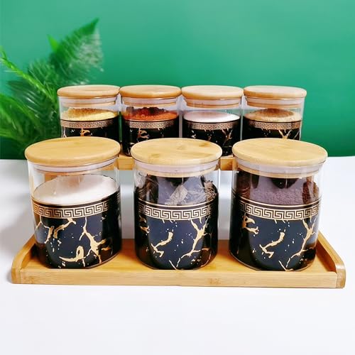 UMAI Pack of 7 Kitchen Organizer Borosilicate Jars with Bamboo Lid & Tray | 4 Pcs 350 ml & 3 Pcs 850 ml | Glass Jars for Cookies, Spices, Snacks, Tea, Coffee, Sugar | BPA Free | Green - Image 1