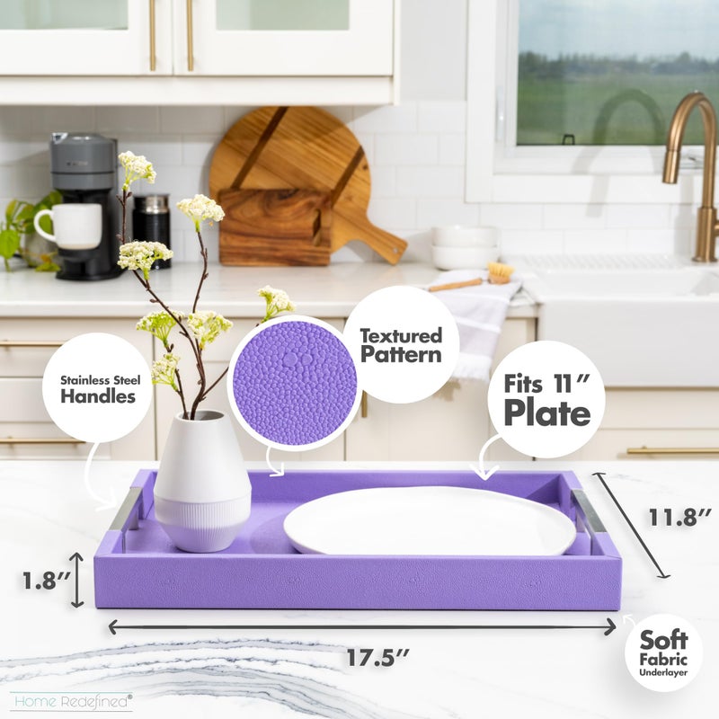 Home Redefined Modern Elegant 17.5"x12" Rectangle Purple Lavender Shagreen Faux Leather Decorative Tray Ottoman Coffee Table Perfume Living Room Kitchen Serving Tray with Silver Metal Handles by Home Redefined - Image 3