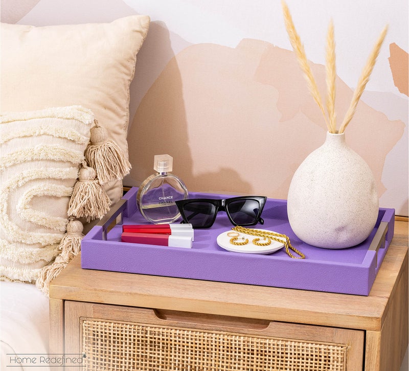 Home Redefined Modern Elegant 17.5"x12" Rectangle Purple Lavender Shagreen Faux Leather Decorative Tray Ottoman Coffee Table Perfume Living Room Kitchen Serving Tray with Silver Metal Handles by Home Redefined - Image 2