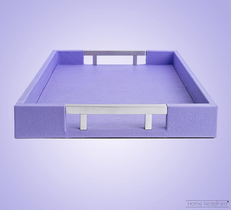 Home Redefined Modern Elegant 17.5"x12" Rectangle Purple Lavender Shagreen Faux Leather Decorative Tray Ottoman Coffee Table Perfume Living Room Kitchen Serving Tray with Silver Metal Handles by Home Redefined - Image 4