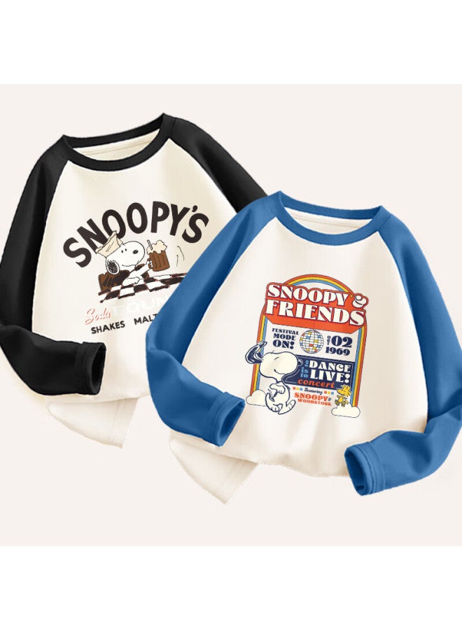 Snoopy Kids' Long Sleeve Cotton T-shirt Set Of 2, Boys And Girls, Spring And Autumn, Black Cheers + Blue Calendar, Size 140