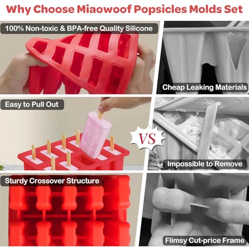 Miaowoof Homemade Popsicle Molds, 10-Cav Non-BPA Silicone Ice Pop Maker, with 50 Sticks, 50 Bags, 10 Reusable Sticks, Funnel, Brush and Ice Pop Recipe (Red+Bin) - Image 4
