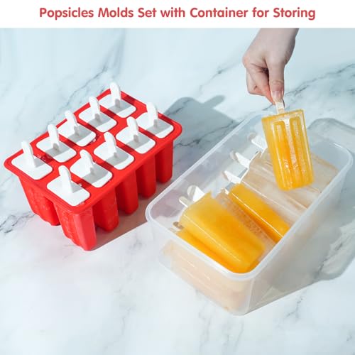 Miaowoof Homemade Popsicle Molds, 10-Cav Non-BPA Silicone Ice Pop Maker, with 50 Sticks, 50 Bags, 10 Reusable Sticks, Funnel, Brush and Ice Pop Recipe (Red+Bin) - Image 2