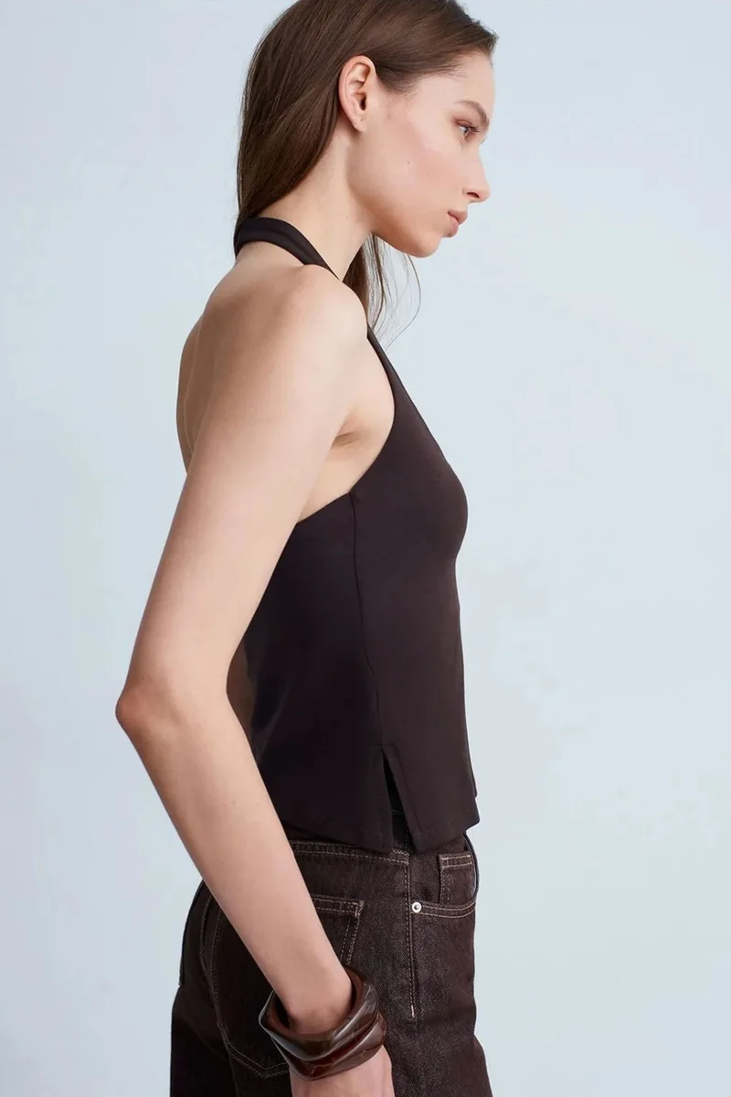 Dilvin Black DILVIN Halterneck Cut-Out Slim Fit Blouse for Women | Best Price UAE