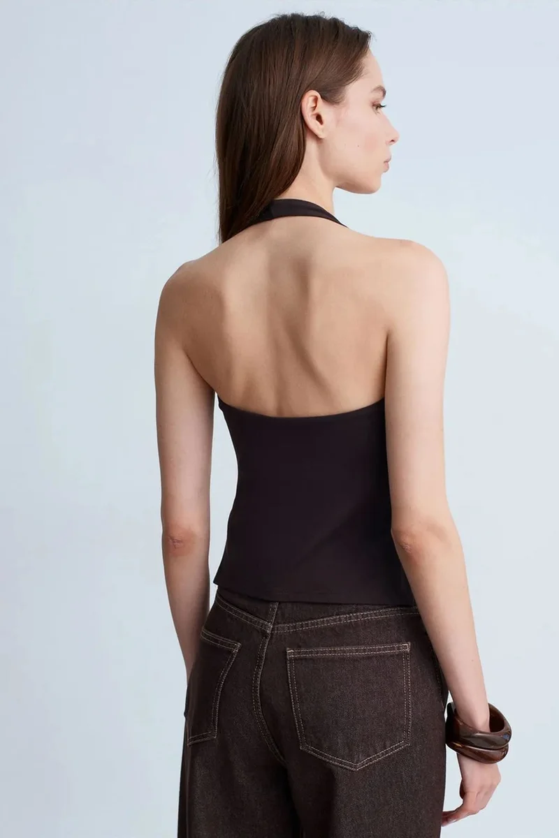 Dilvin Black DILVIN Halterneck Cut-Out Slim Fit Blouse for Women | Best Price UAE