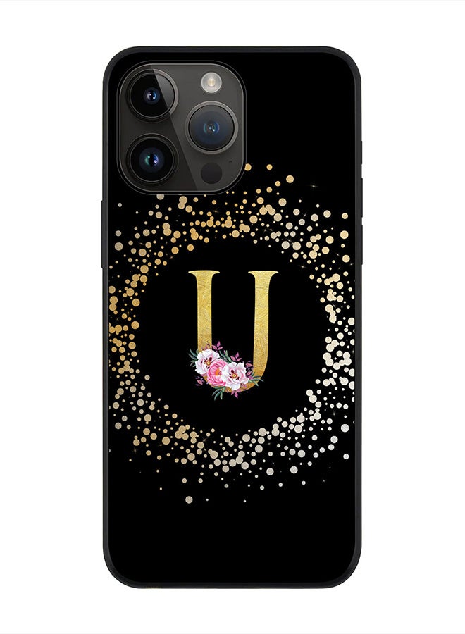 Stylizedd Rugged Black edge case for Apple iPhone 14 Pro Max, Soft Flexible Phone case Custom Monogram Initial Letter Floral Pattern Alphabet - U (Black) - Image 1