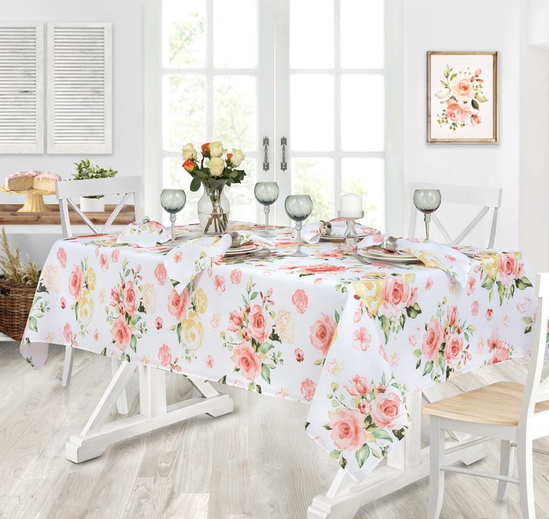 Newbridge Newbridge Marie Yellow and Pink Rose Petal Floral Square 52 x 52 Inch Fabric Tablecloth Stain and Wrinkle Resistant Tablecloth for Spring Holiday Indoor and Outdoor Dining 