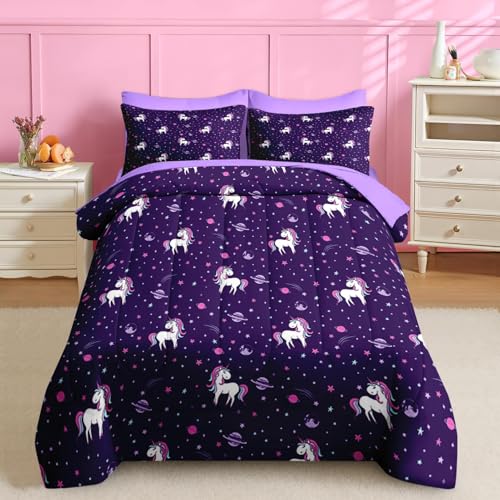 Nesker 5 Pcs Comforter Set Twin Size, Purple Rainbow Bedding for Kids Teen, Cute Unicorn Bed Sheet with Pillowcase & Sham - Image 1