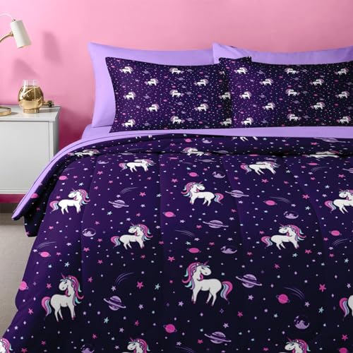 Nesker 5 Pcs Comforter Set Twin Size, Purple Rainbow Bedding for Kids Teen, Cute Unicorn Bed Sheet with Pillowcase & Sham - Image 5