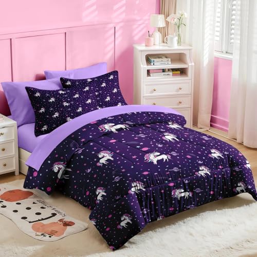 Nesker 5 Pcs Comforter Set Twin Size, Purple Rainbow Bedding for Kids Teen, Cute Unicorn Bed Sheet with Pillowcase & Sham - Image 4