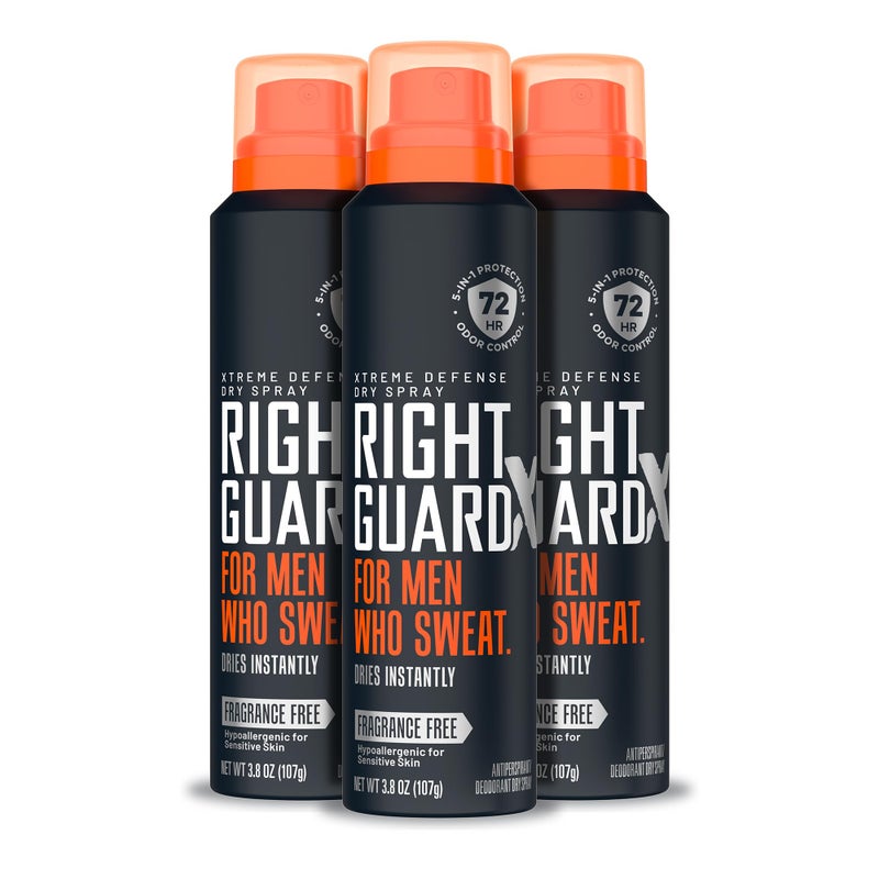 Right Guard سبراي مضاد للتعرق ومزيل عرق رايت غارد إكستريم ديفينس، مزيل عرق جاف 5 في 1 للرجال، يمنع التعرق لمدة 2X أطول، تحكم في الرائحة لمدة 72 ساعة، خالي من العطور، 3.8 أونصة (3 عبوات) - Image 1