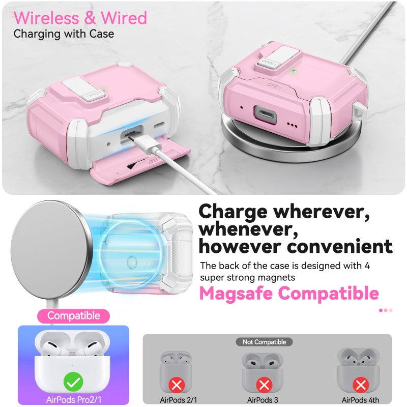 Ekoonpft for AirPods Pro 2 Case with Secure Lock & Phone Stand, Compatible with MagSafe, Pink Cover for Apple AirPods Pro 2nd/1st Generation, Shock Protective Airpod Cases with Cleaner, Keychain, Auto-Open - Image 4