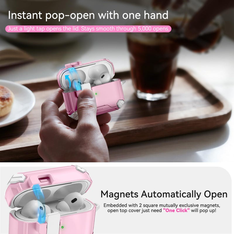 Ekoonpft for AirPods Pro 2 Case with Secure Lock & Phone Stand, Compatible with MagSafe, Pink Cover for Apple AirPods Pro 2nd/1st Generation, Shock Protective Airpod Cases with Cleaner, Keychain, Auto-Open - Image 3