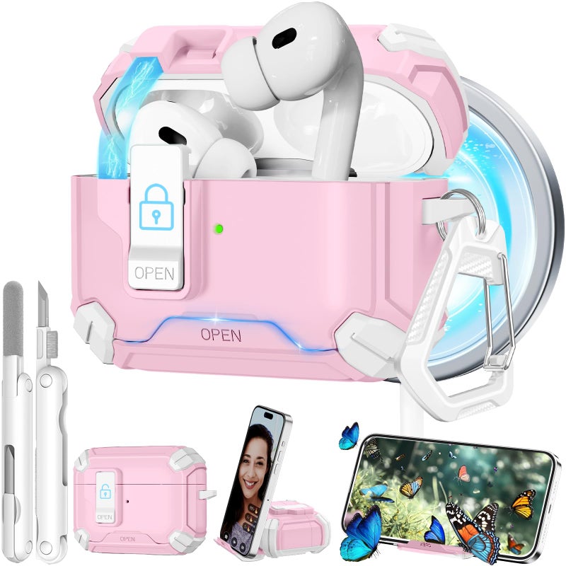 Ekoonpft for AirPods Pro 2 Case with Secure Lock & Phone Stand, Compatible with MagSafe, Pink Cover for Apple AirPods Pro 2nd/1st Generation, Shock Protective Airpod Cases with Cleaner, Keychain, Auto-Open - Image 1