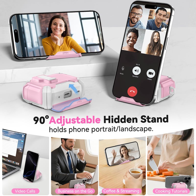 Ekoonpft for AirPods Pro 2 Case with Secure Lock & Phone Stand, Compatible with MagSafe, Pink Cover for Apple AirPods Pro 2nd/1st Generation, Shock Protective Airpod Cases with Cleaner, Keychain, Auto-Open - Image 2