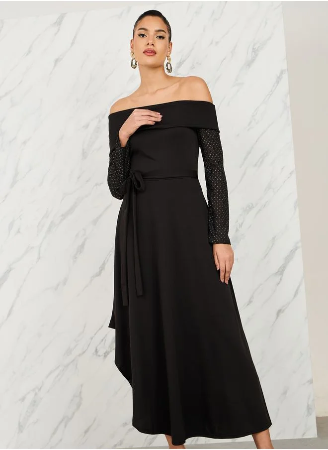 ستايلي Off Shoulder Embellished Sleeves Asymmetric Hem Midi Dress