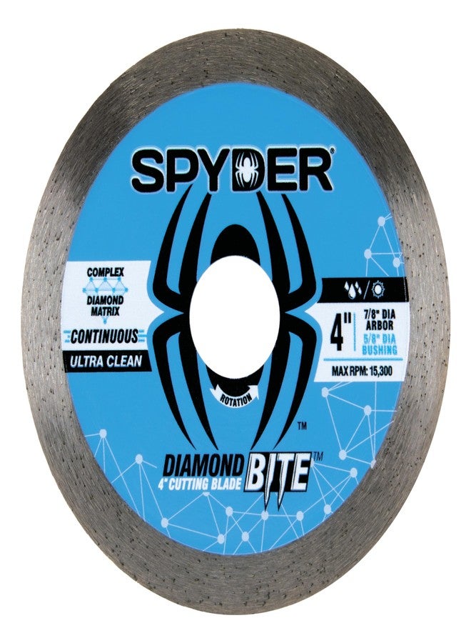 سبايدر شفرة قطع الماس Spyder Diamond Bite بقطر 4 بوصات وحافة متواصلة للطحن الزاوية وقطع البورسلين والبلاط السيراميكي والبناء والطوب، ومحور ⅞ بوصة مع جلبة محول ⅝ بوصة - Image 1