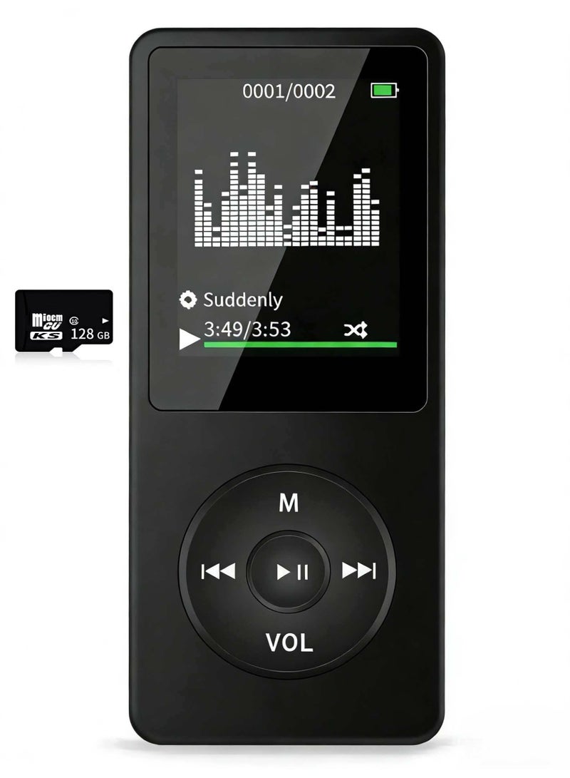 مشغل MP3 بلوتوث، سعة تخزين 128 جيجابايت، شاشة 1.8 بوصة، مكبر صوت مدمج، دعم راديو FM، تسجيل صوتي، متوافق مع الكتب الإلكترونية. مصمم للرياضة والجري، مشغل وسائط محمول (أسود) - Image 1