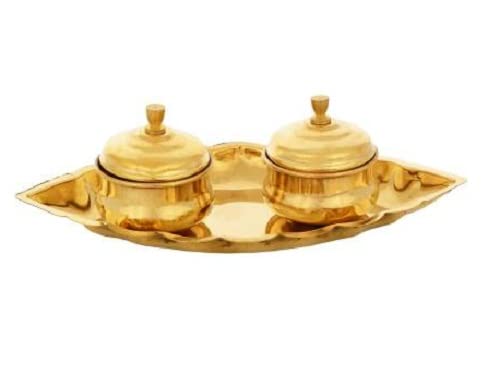 Pass Pass passpass Brass Chandan Roli Tika Chopda Set | Chawal Akshat Haldi Dibbi | Kumkum Holder Box with Lid & Attached Puja Thali | Brass Sindoor Box - Image 4