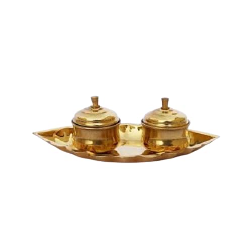 Pass Pass passpass Brass Chandan Roli Tika Chopda Set | Chawal Akshat Haldi Dibbi | Kumkum Holder Box with Lid & Attached Puja Thali | Brass Sindoor Box - Image 1