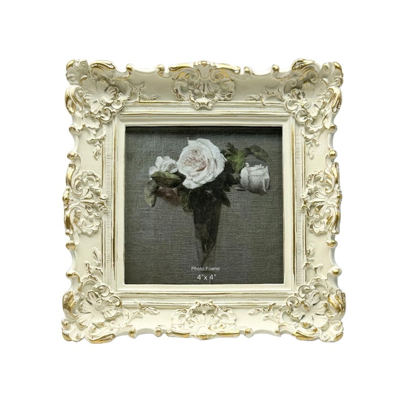 CISOO 4x4 Vintage Small Picture Frame Antique Ornate White with Gold Square Photo Frame for Table Top and Wall Display Decorative Floral Design Retro Home Decor Photo Gallery Art