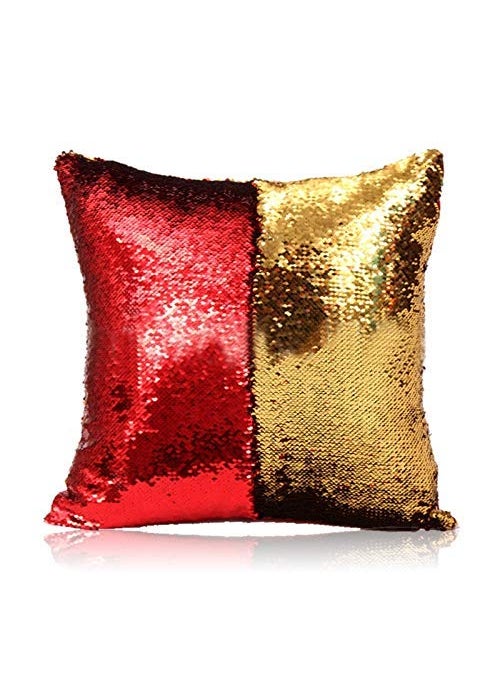KARTIK KARTIK Synthetic Sequin Mermaid Throw Pillow Cover with Colour Changing Reversible Paulette (Red and Silver) - Set of 5  - Image 3