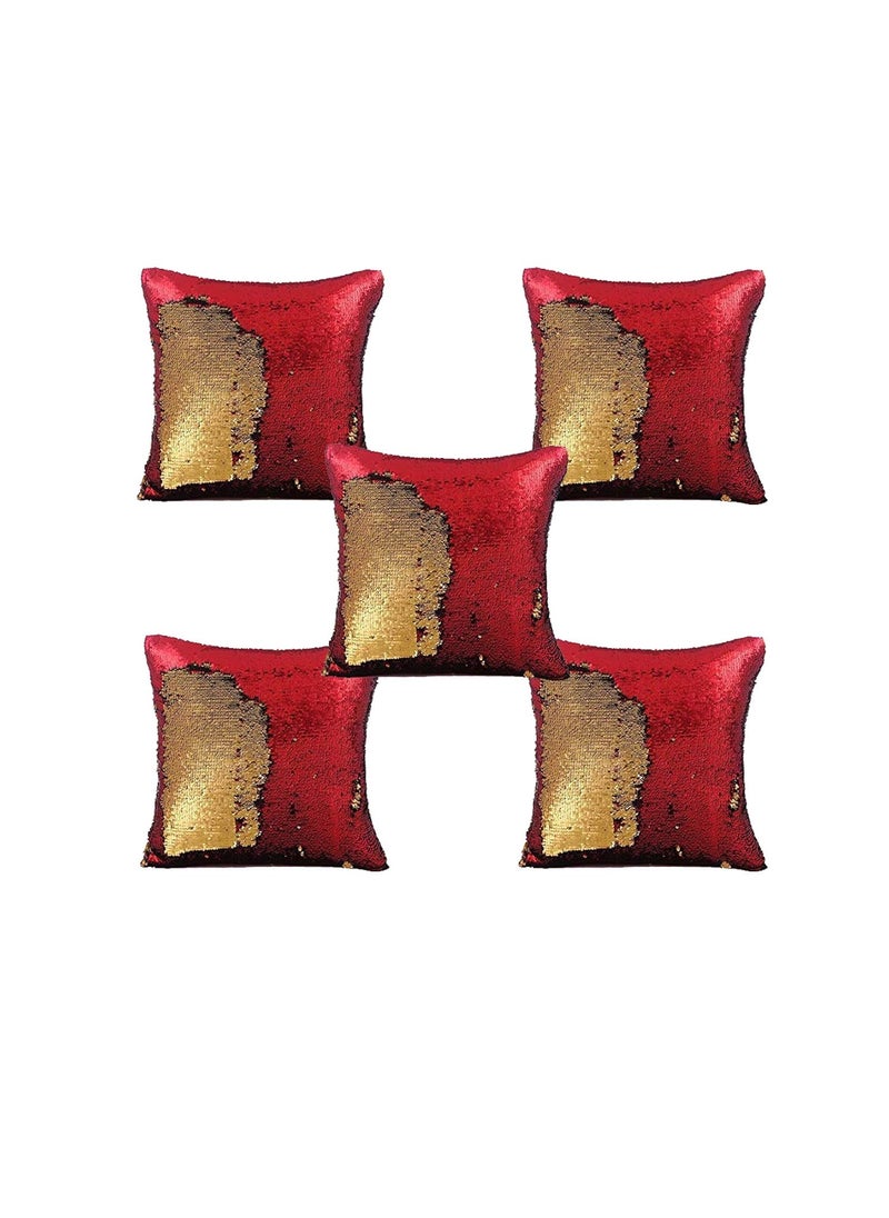 KARTIK KARTIK Synthetic Sequin Mermaid Throw Pillow Cover with Colour Changing Reversible Paulette (Red and Silver) - Set of 5  - Image 2