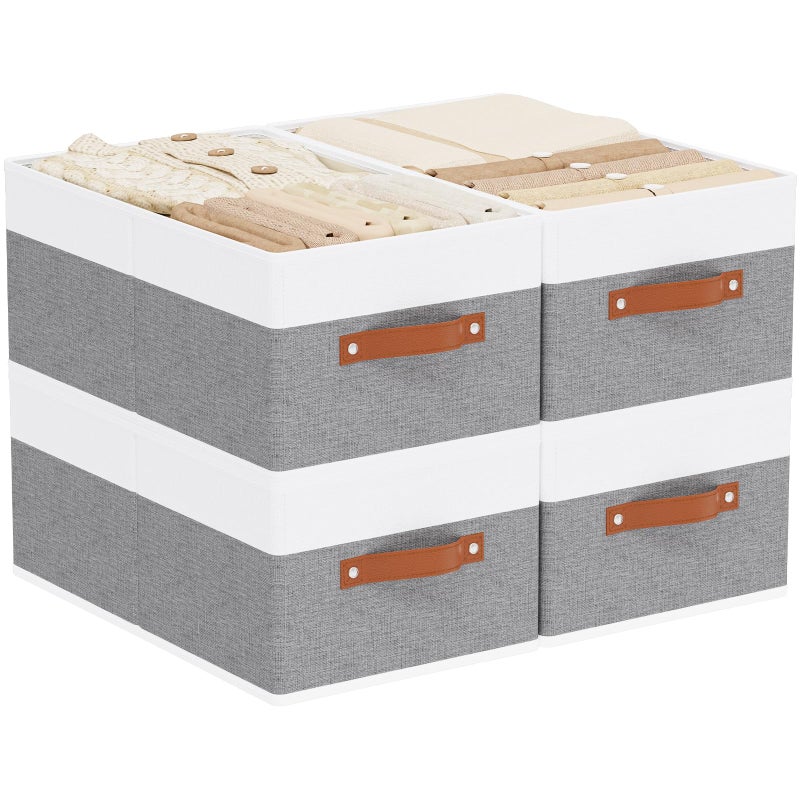 YheenLf Storage Basket for Shelves Closet Bin with Handles 1851179inch Open Foldable Baskets Fabric Containers Clothes Boxes for Organizing White and Grey 4Pack