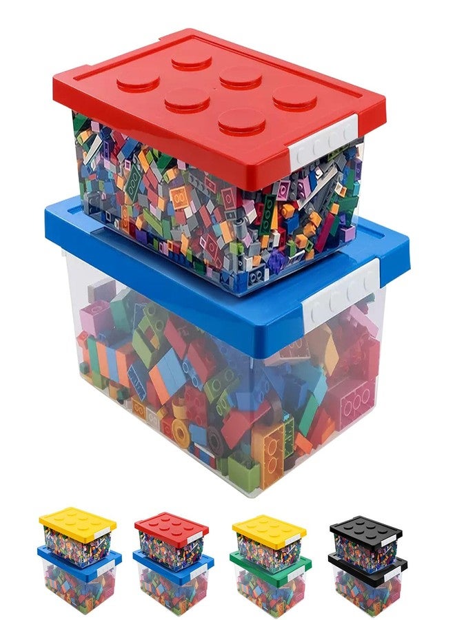loobuu Plastic Storage Bins with Lids - Stackable Toy Storage Organizer Box Set of 2, Toy Chests with Compatible Building Baseplate and Lid, Storage Container for Building Bricks - Red+Blue - Image 1