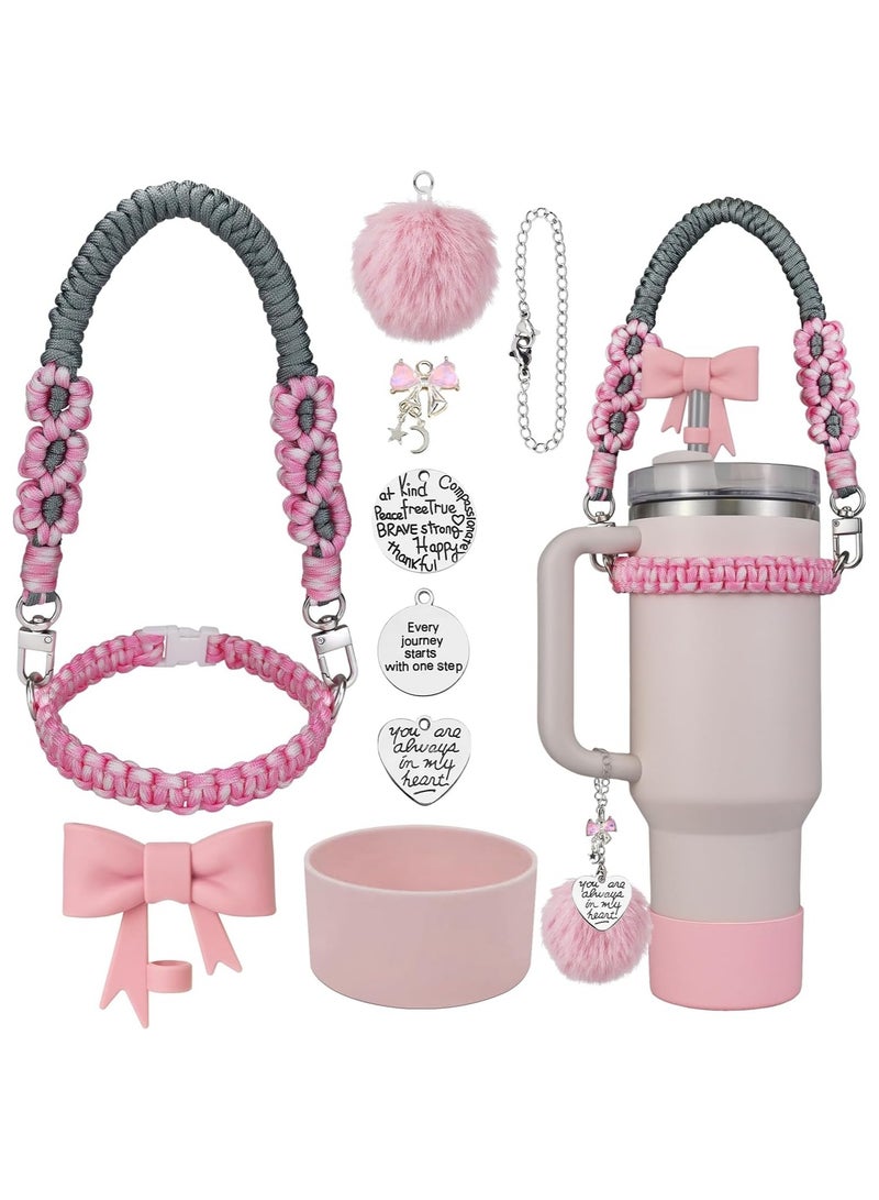 JOSQUEWNN 9PCS Water Bottle Accessories Set for Stanley Cup 30oz & 40oz Tumblers Includes Straw Cover Topper, Boot Strap Lanyard and Charms.Pink.  - Image 1