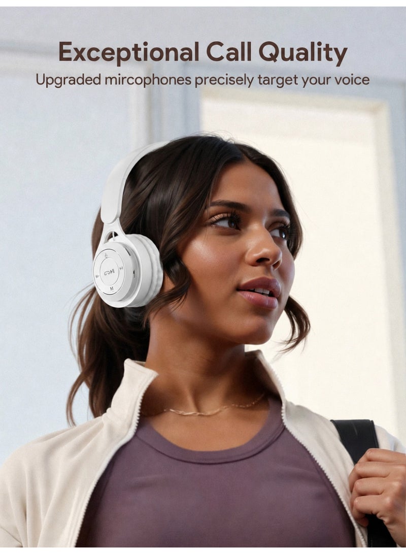 Wireless Headphones, Foldable Stereo Headset with Soft Ear Cushions, Built-in Mic, Deep Bass Sound, Music & Call Control, TF Card and AUX Support, Lightweight Headphones for Travel, Study and Daily Use, WhiteWireless Headphones, Foldable Stereo Headset with Soft Ear Cushions, Built-in Mic, Deep Bass Sound, Music & Call Control, TF Card and AUX Support, Lightweight Headphones for Travel, Study and Daily Use, White - Image 2