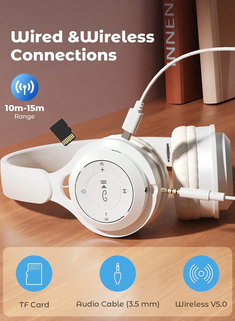 Wireless Headphones, Foldable Stereo Headset with Soft Ear Cushions, Built-in Mic, Deep Bass Sound, Music & Call Control, TF Card and AUX Support, Lightweight Headphones for Travel, Study and Daily Use, WhiteWireless Headphones, Foldable Stereo Headset with Soft Ear Cushions, Built-in Mic, Deep Bass Sound, Music & Call Control, TF Card and AUX Support, Lightweight Headphones for Travel, Study and Daily Use, White - Image 5