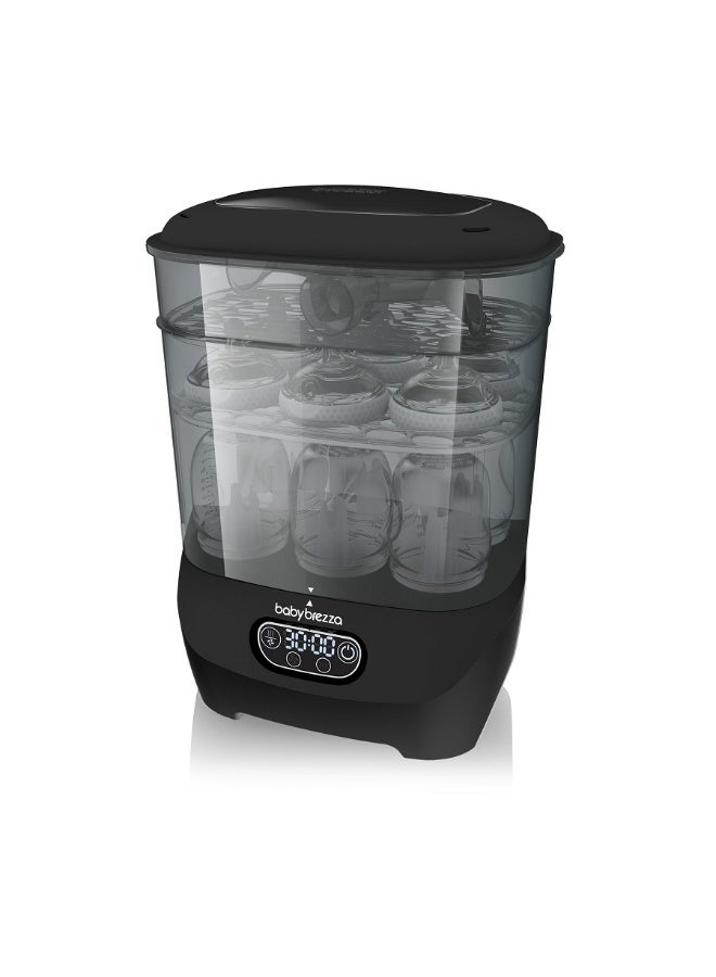بيبي بريزا معقم ومجفف الزجاجات بيبي بريزا أدفانسد – ماكينة تعقيم بالبخار الكهربائي شاملة لتعقيم جميع الزجاجات: بلاستيك + زجاج، اللهايات، أجزاء مضخة الثدي - مزودة بفلترة HEPA - باللون الأسود. - Image 1