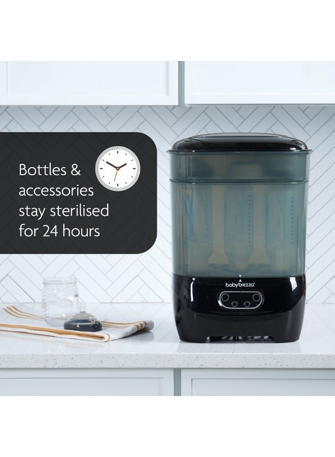 بيبي بريزا معقم ومجفف الزجاجات بيبي بريزا أدفانسد – ماكينة تعقيم بالبخار الكهربائي شاملة لتعقيم جميع الزجاجات: بلاستيك + زجاج، اللهايات، أجزاء مضخة الثدي - مزودة بفلترة HEPA - باللون الأسود. - Image 4
