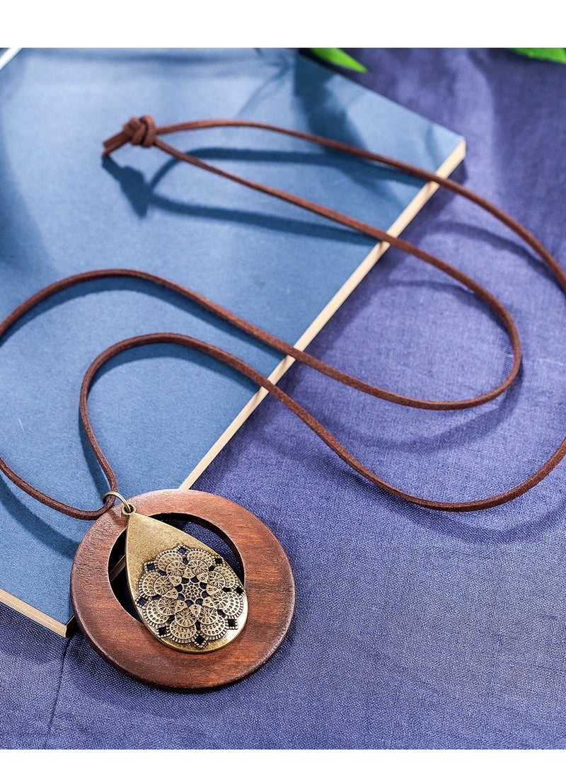 Handmade Women's Wooden Pendant Necklace, Vintage Style Long Rope Sweater Chain Jewelry Gift for Her, Waterdrop Alloy Pendant, Perfect for Any Occasion. - Image 3