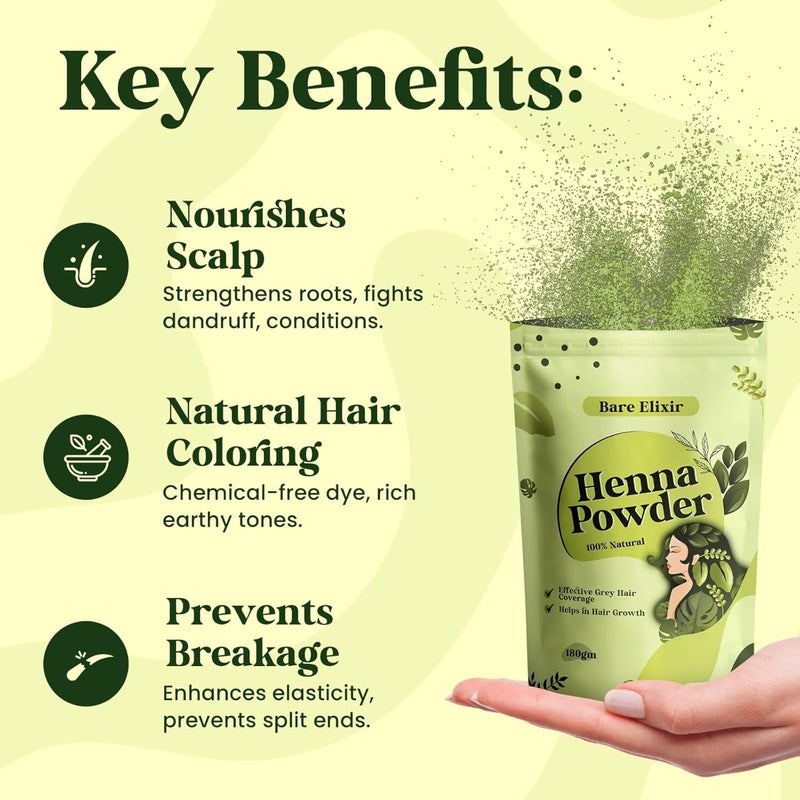 Bare Elixir 100 Natural Organic Henna Powder for Hair 180g Promotes Hair Growth Effective Grey Hair Coverage Deep Conditioning Nourishment ChemicalFree Safe for All Hair Types - Image 4