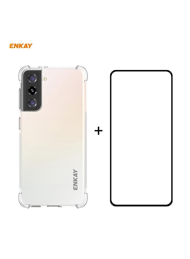 ENKAY Case For Samsung Galaxy S21 5G Hat-Prince Clear TPU Shockproof Case Soft Anti-slip Cover + 0.26mm 9H 2.5D Full Glue Full Coverage Tempered Glass Protector Film Support Fingerprint Unlock - Image 1