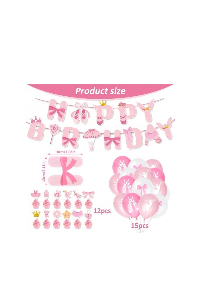 مجموعة ديكورات حفلات أعياد الميلاد بطابع الباليه - لافتة عيد ميلاد سعيد باللون الوردي، وزينة كعكة، وزينة كب كيك، وبالونات لاتكس - أكثر من 30 قطعة من لوازم حفلات أعياد ميلاد الفتيات - Image 3