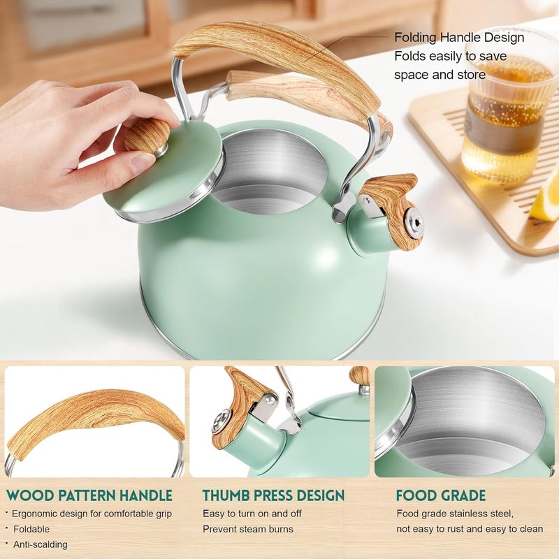 GGC Tea Kettle for Stove Top, 85OZ/2.6QT Whistling Tea Kettles for Boiling Water Milik or Coffee, Green Stainless Steel Tea Pots with Wood Pattern Folding Handle, Thumb Design Control Kettle Outlet - Image 3