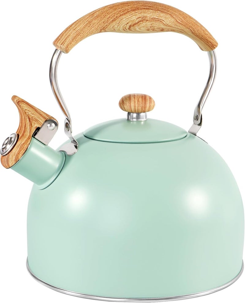 GGC Tea Kettle for Stove Top, 85OZ/2.6QT Whistling Tea Kettles for Boiling Water Milik or Coffee, Green Stainless Steel Tea Pots with Wood Pattern Folding Handle, Thumb Design Control Kettle Outlet - Image 1