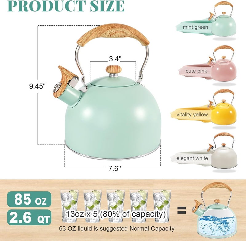 GGC Tea Kettle for Stove Top, 85OZ/2.6QT Whistling Tea Kettles for Boiling Water Milik or Coffee, Green Stainless Steel Tea Pots with Wood Pattern Folding Handle, Thumb Design Control Kettle Outlet - Image 5