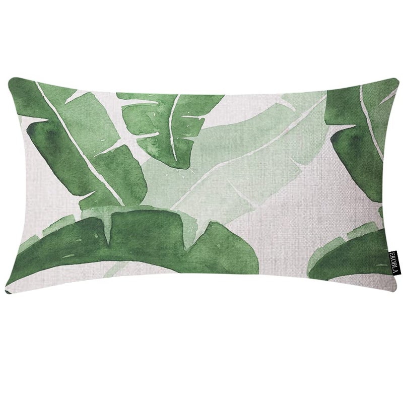 EKOBLA Banana Leaves Decorative Cushion Cover Watercolor Green Leaves Banana Tree Tropical Plant Cotton Linen Farmhouse Throw Pillow Covers 12x20 Inches Sofa Home