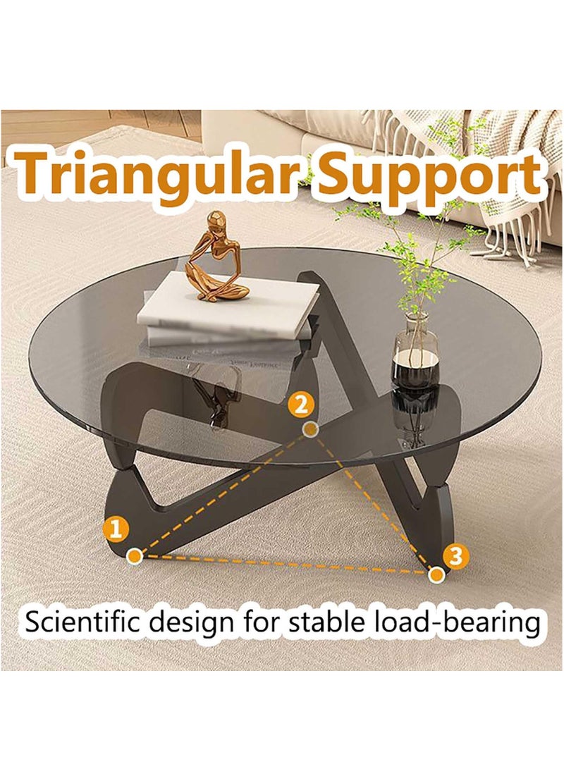 XiuWoo Round Coffee Table, Circle Tempered Glass Cafe Table, Coffee Tables For Living Room, Middle Tea Table With Glass Top And Wood Legs, Modern Accent Table Center Table Cocktail Table For Bedroom,Gray 70*70*35cm - Image 3