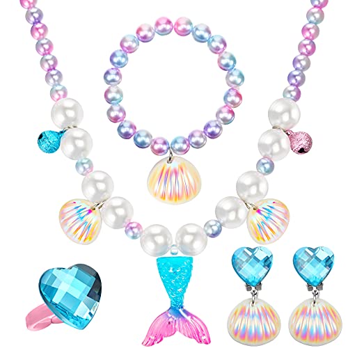 Jadive Mermaid Jewelry Set for Girls 4 Pcs Mermaid Necklace Bracelet Ring Earrings for Kids Little Girls Christmas Halloween Dress up Pretend Play Supplies Birthday GiftsCute StyleBlue - Image 1