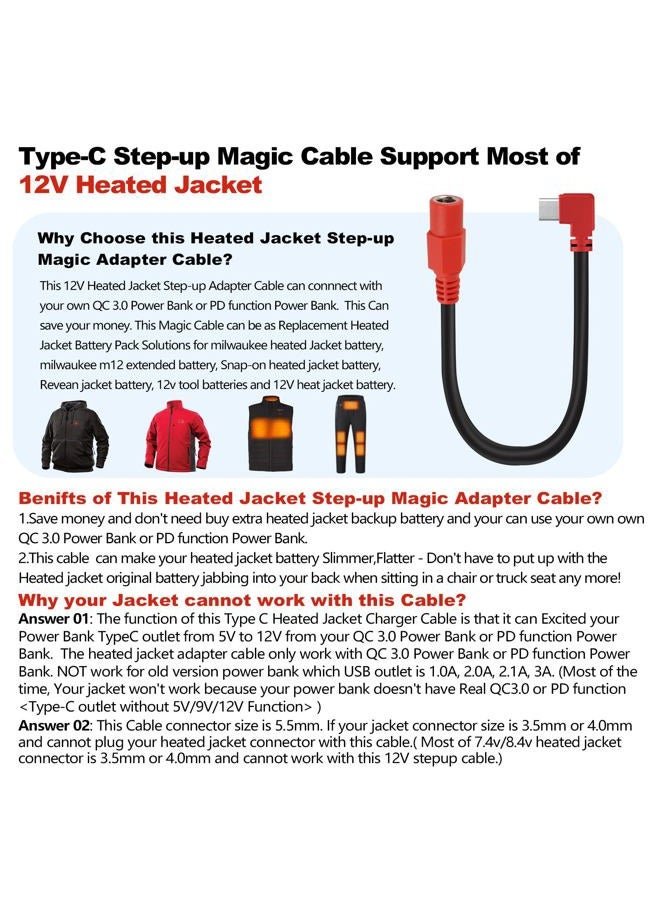 Smarkey 12V Type C Heated Jacket Battery Charger Cable, Step-Up Adapter Battery Cable for Milwaukee M12, Makita, Snap-on, Metabo, Craftsman, AEG Gear – Type-C Step Up Cable for 12V Heated Jackets - Image 5