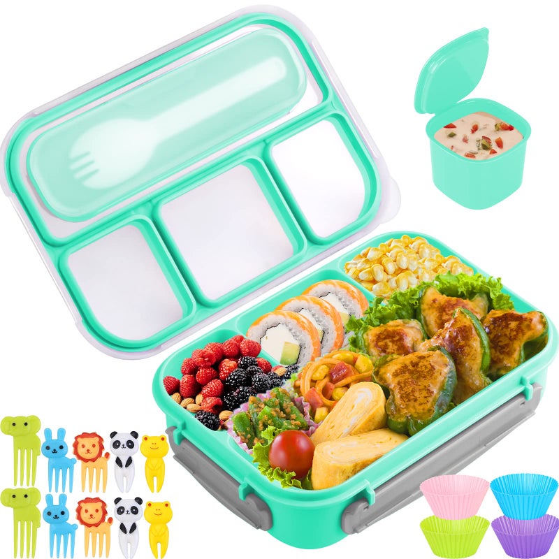 Yumuk Bento Box, 1300ML Adult & Kids Lunch Box with 4 Compartment & Food Picks, Cake Cups, Leak-Proof, Microwave/Dishwasher/Freezer Safe (Green) - Image 1