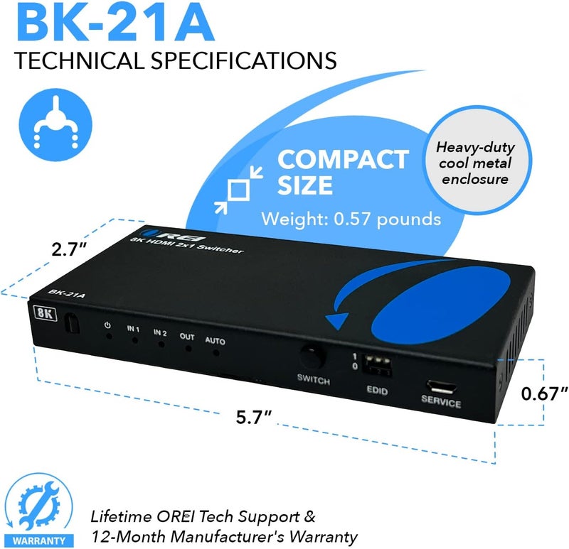 OREI 8K HDMI 2.1 Switch 4K @ 120hz Switcher 2 in 1 Out, Optical Audio Extractor 48Gbps for Xbox Series X PS5 Roku Fire TV Monitor Projector Dolby - Image 5