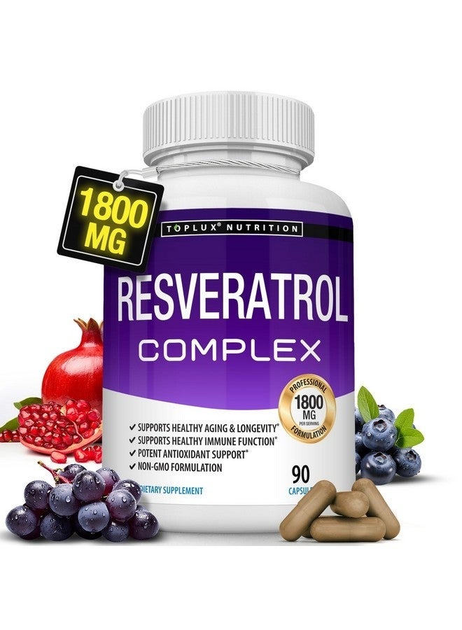 Toplux Resveratrol Supplement 1800 mg Antioxidant Complex - Highly Potent Natural Trans-Resveratrol Pills for Healthy Aging, Overall Health Support, Immune System, Brain Function, for Men Women, 90 Capsules - Image 1