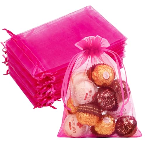 Crweety 50 Pcs Pink Organza Gift Bags 5x7 Inch, Small Mesh Bags Drawstring Jewelry Pouch Bags Goody Bags for Valentine Gifts Candy Wedding Party Favor - Image 1